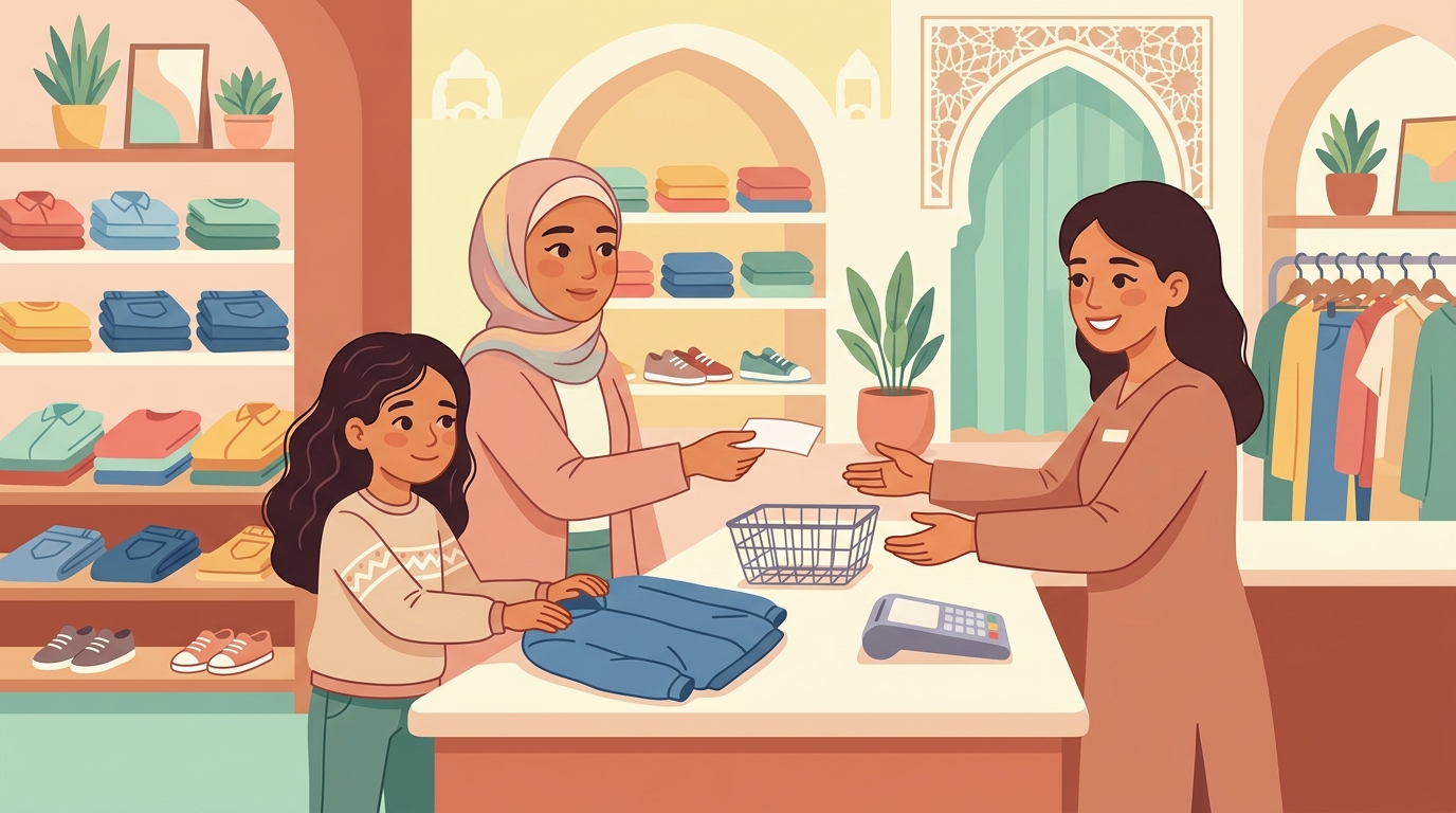 Au comptoir du service client, une fille et sa maman rendent la veste pliée et le ticket à une employée souriante